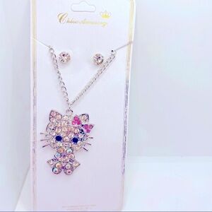 Necklace Kitty Iridescent Crystals with Pink Bow. Crystal Earrings are Brilliant
